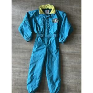 Vintage V de V Ski Suit Snowsuit Teal Neon Belted One Piece 90s Retro Mens M